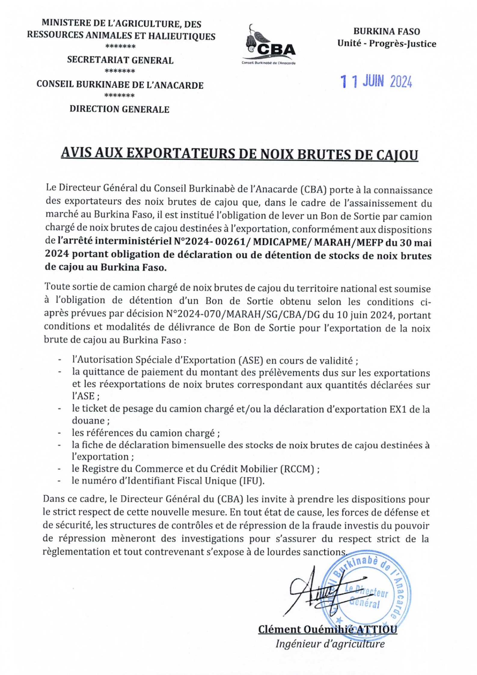 Avis aux exportateurs de noix brutes de cajou